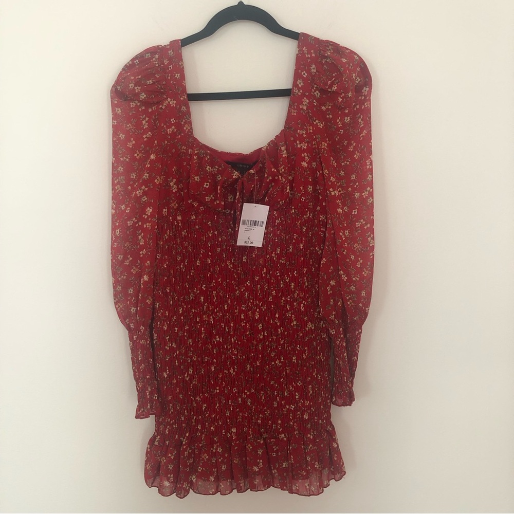 NWT F21 Ditsy Floral Smocked Mini Dress Red women’s Large